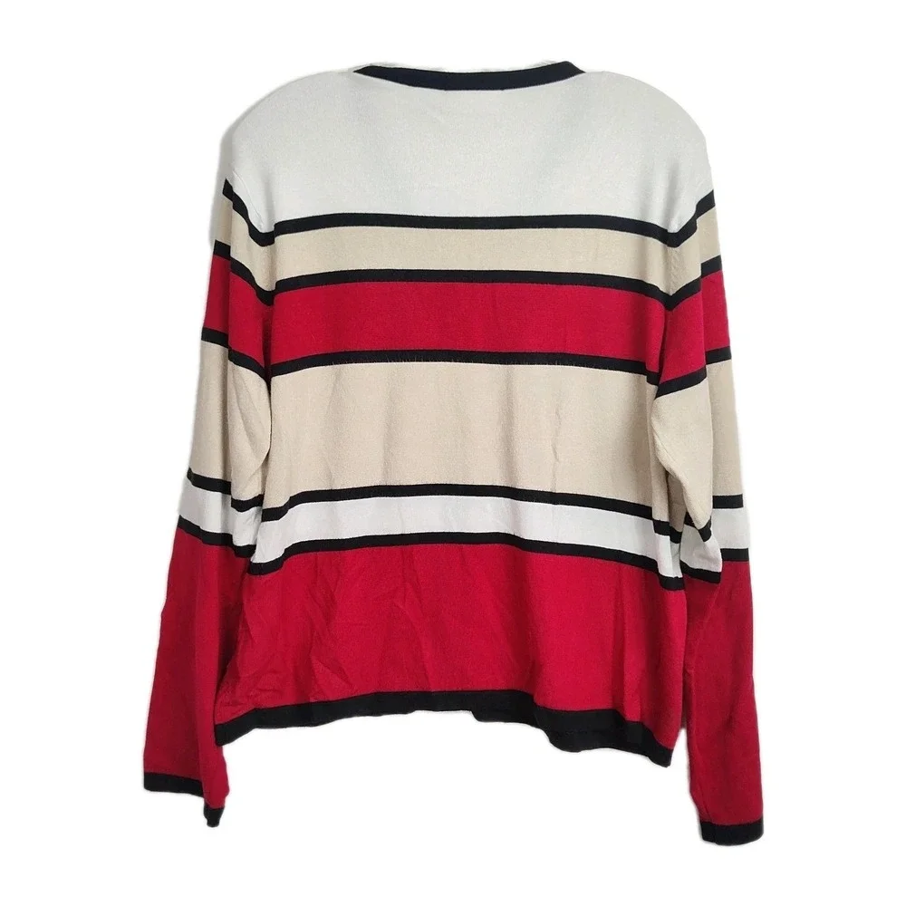 Croft & Barrow Cardigan Women's XL Red/Tan/White Colorblock Full-Button 3/4-Slvs